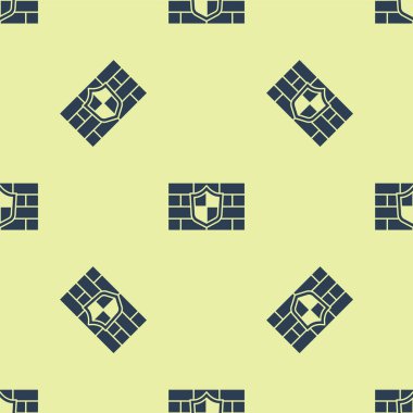 Siber güvenlik duvarı simgesine sahip Mavi Kalkan sarı arka planda izole edilmiş pürüzsüz desen. Veri koruma sembolü. Güvenlik duvarı. Ağ koruması. Vektör.