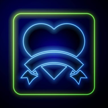 Parlayan neon kalp simgesi mavi arkaplanda izole edildi. Romantik sembol, bağlanma, tutku ve düğün. Sevgililer Günü sembolü. Vektör.