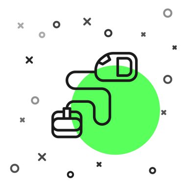 Beyaz arka planda karabina simgesi olan siyah çizgili geri çekilebilir ip tasması. Evcil köpek liderliği. Açık hava yürüyüşü için hayvan aksesuarı. Vektör.