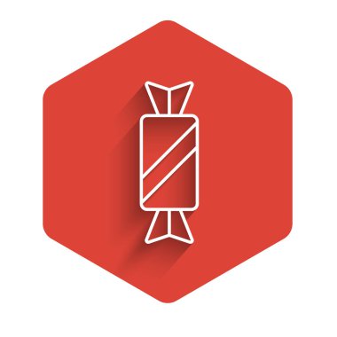 Şeker ikonu uzun gölgeli beyaz çizgi. Kırmızı altıgen düğmesi. Vektör.