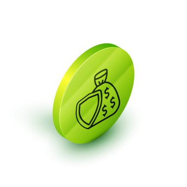 Beyaz zemin üzerinde dolar sembolü olan Isometric Line Shield ve para çantası. Güvenlik kalkanı koruması. Para güvenliği konsepti. Yeşil daire düğmesi. Vektör.