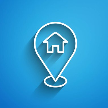 Mavi arkaplanda ev simgesi olan beyaz çizgi haritası işaretçisi. Ev konumu belirleyici sembol. Uzun gölge. Vektör.