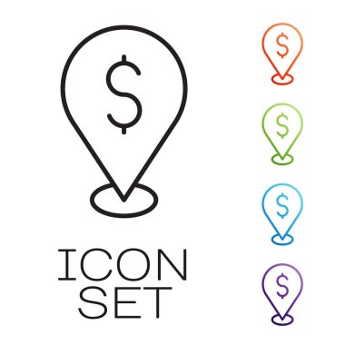 Siyah çizgi Cash lokasyon simgesi beyaz arka planda izole edildi. İşaretçi ve dolar sembolü. Para yeri. İş ve yatırım konsepti. Simgeleri renklendirin. Vektör.