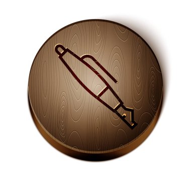 Kahverengi çizgi Çeşme kalem ucu simgesi beyaz arkaplanda izole edildi. Kalem aleti işareti. Tahta daire düğmesi. Vektör.