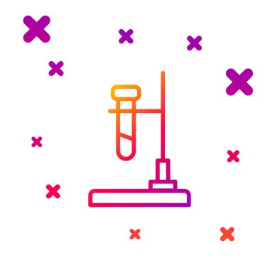 Yangın ısıtıcı deney ikonu üzerindeki renkli cam test tüpü beyaz arka planda izole edilmiş. Laboratuvar ekipmanları. Kademeli rastgele dinamik şekiller. Vektör.