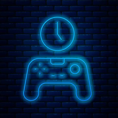 Parlayan neon hattı zaman simgesinin Gamepad 'i tuğla duvar arka planında izole edildi. Oyun oynama zamanı. Oyun kontrolörü. Vektör.