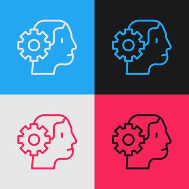 Pop sanat çizgisi İnsansı robot simgesi renk arkaplanında izole edildi. Yapay zeka, makine öğrenme, bulut hesaplama. Vektör.