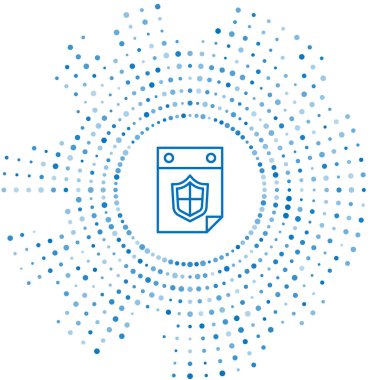 Beyaz arkaplanda kalkan simgesi olan mavi çizgi takvimi. Sigorta konsepti. Gardiyan. Güvenlik, güvenlik, koruma, gizlilik kavramı. Soyut çember rastgele noktalar. Vektör.