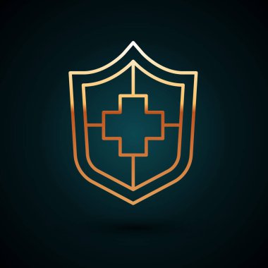 Altın çizgili hayat sigortası, koyu mavi arka planda izole edilmiş bir kalkan ikonu. Güvenlik, güvenlik, koruma, konsept koruma. Vektör.