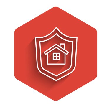 Beyaz Saray, uzun gölgeli bir simge ile izole edildi. Sigorta konsepti. Güvenlik, güvenlik, koruma, konsept koruma. Kırmızı altıgen düğmesi. Vektör.