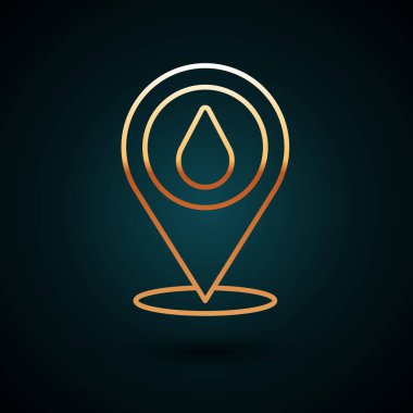 Koyu mavi arka planda izole edilmiş ikonlu altın çizgili su damlası. Vektör.