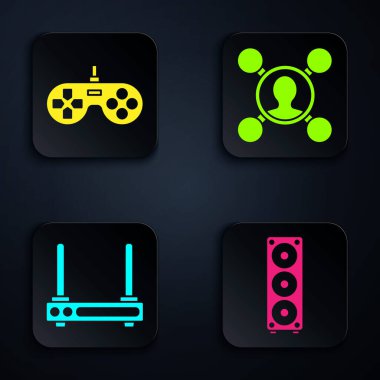 Stereo hoparlörü, Gamepad, Router ve Wi-Fi sinyalini ayarla ve paylaş. Siyah kare düğme. Vektör.