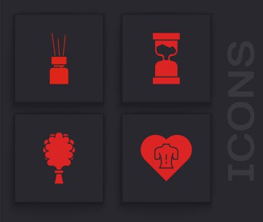 Masaj seti, Aroma ayırıcı, Eski kum saati ve Sauna süpürgesi simgesi. Vektör.