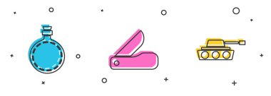 Kantin su şişesi, İsviçre çakısı ve askeri tank ikonu. Vektör.