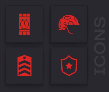 Askeri ödül madalyasını, dinamit ve zamanlayıcı saatini, miğferi ve sembol simgesini ayarla. Vektör.