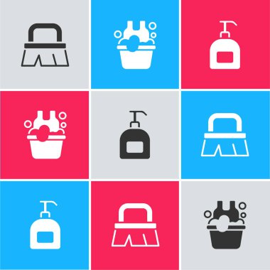 Temizlik için fırça, sabun köpüklü leğen ve bir şişe sıvı ikon. Vektör.