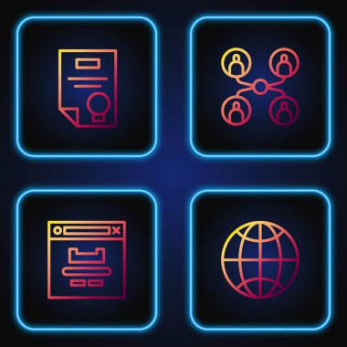 Satır sosyal ağını, Tarayıcı penceresini, Sertifika şablonunu ve Çevrimiçi sınıfı ayarla. Renk simgeleri. Vektör.