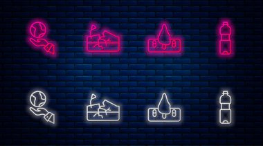 Deprem, orman tahribatı, küreyi tutan eller ve bir şişe su. Tuğla duvarda parlayan neon simgesi. Vektör.