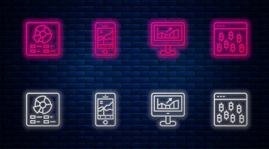 Satır Mobil hisse senedi ticareti, büyüme grafiği olan bilgisayar, pasta grafiği bilgisi ve Bitcoin tarayıcısı ayarla. Tuğla duvarda parlayan neon simgesi. Vektör.