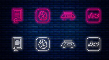 Hat tuzu taşı, elektronik teraziler, sertifika şablonu ve kırık matara. Tuğla duvarda parlayan neon simgesi. Vektör.