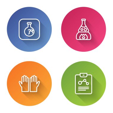 Çizgi çizgisi çatlamış matara, test tüpü yanıyor, tıbbi lastik eldivenler ve kimya raporu. Renkli daire düğmesi. Vektör.