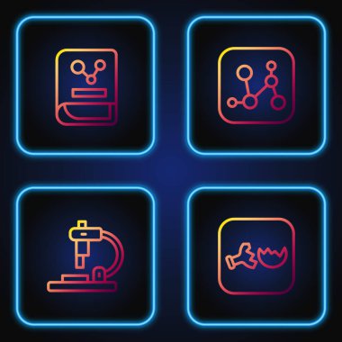 Kırık matara, mikroskop, kimya kitabı ve kimyasal formül. Renk simgeleri. Vektör.