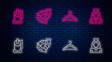 Sıralı çoraplar, elbise dolabı, tuvalet kağıdı rulosu ve temizlikçi kadın servisi. Tuğla duvarda parlayan neon simgesi. Vektör.