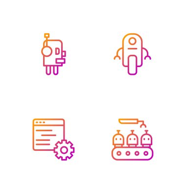 Endüstriyel robot üretimi, Bilgisayar Ağı arayüzü, Robot ve... Renk simgeleri. Vektör.