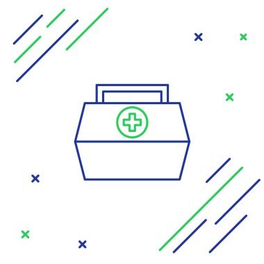 İlk yardım çantası simgesi beyaz arkaplanda izole edildi. Haçlı sağlık kutusu. Acil durumlar için tıbbi ekipman. Sağlık sigortası konsepti. Renkli taslak konsepti. Vektör.