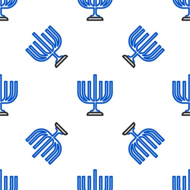 Hat Hanuka menorah simgesi beyaz arka planda izole edilmiş kusursuz desen. Geleneksel Hanuka sembolü. Tatil dini, Yahudi Işık Festivali. Renkli taslak konsepti. Vektör.