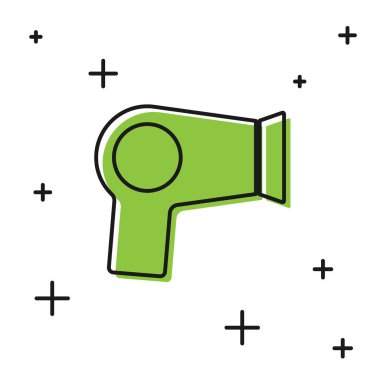 Beyaz arkaplanda siyah saç kurutma ikonu izole edildi. Saç kurutma makinesi tabelası. Saç kurutma sembolü. Sıcak hava üflüyor. Vektör.