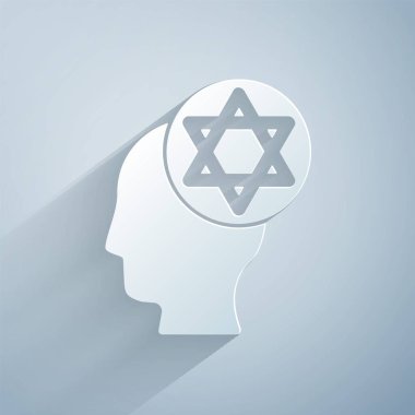 Kağıt kesiği, gri arka planda izole edilmiş Ortodoks Yahudi şapka ikonu. Geleneksel giyinmiş Yahudi erkekler. Yahudilik sembolleri. Kağıt sanatı tarzı. Vektör.