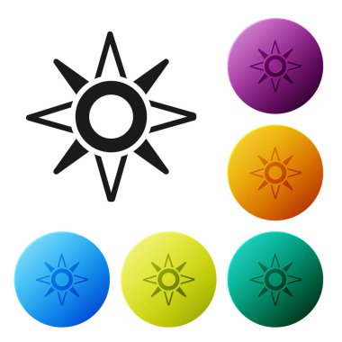 Siyah Rüzgar gül simgesi beyaz arkaplanda izole edildi. Seyahat için pusula simgesi. Navigasyon tasarımı. Simgeleri renk daire düğmelerine ayarla. Vektör.