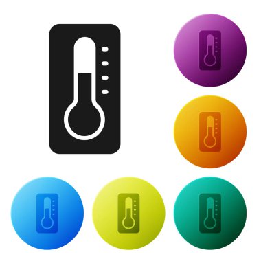 Tıbbi inceleme ikonu için siyah termometre beyaz arka planda izole edildi. Simgeleri renk daire düğmelerine ayarla. Vektör.