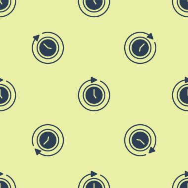 Sarı arkaplanda, ok simgesine sahip mavi saat izole edilmiş, pürüzsüz desen. Zaman sembolü. Saat yönünde döndürme simgesi ok ve zaman. Vektör.