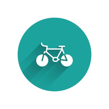 Uzun gölgeli beyaz bisiklet ikonu. Bisiklet yarışı. Olağanüstü bir spor. Spor malzemeleri. Yeşil daire düğmesi. Vektör.