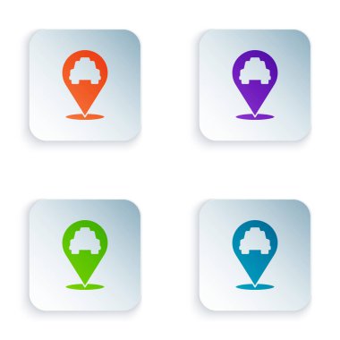 Beyaz arkaplanda izole edilmiş taksi simgesi olan renk haritası işaretçisi. Konum sembolü. Kare düğmelere renkli simgeleri yerleştir. Vektör.