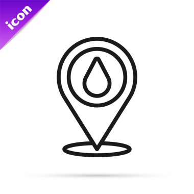Beyaz zemin üzerinde konum simgesi izole edilmiş siyah çizgi su damlası. Vektör.