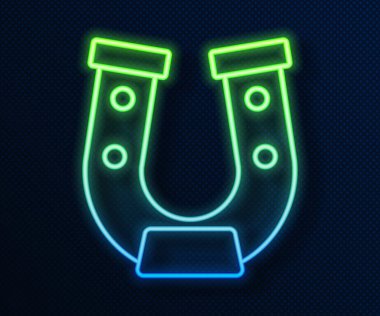 Parlayan neon çizgisi at nalı simgesi mavi arkaplanda izole edildi. Vektör.