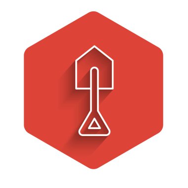 Beyaz çizgi kürek ikonu uzun gölgeli izole edilmiş. Bahçe aletleri. Bahçecilik, tarım, çiftçilik aleti. Kırmızı altıgen düğmesi. Vektör.