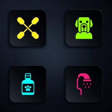 Hayvan banyosu, kulak için pamuk çubuğu, köpek ilacı şişesi ve... Siyah kare düğme. Vektör.