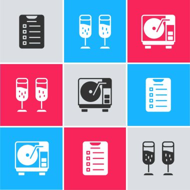 Yeni yıl gol listesi, şampanya kadehi ve vinil disk ikonlu vinil çalar. Vektör.