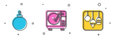 Noel topunu ayarla, vinil diski ve ışık ikonu olan vinil çalar. Vektör.