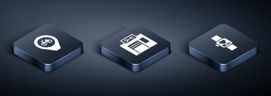 Isometric konumunu bisiklet, akıllı saat ve bisiklet tamir servisi simgesi ile ayarla. Vektör.