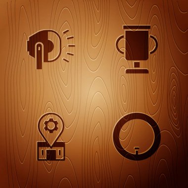 Bisiklet tekerleği, kafa lambası, tamir servisi ve tahta arka planda bisikleti olan ödül kupası ayarla. Vektör.