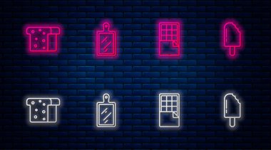 Kesme tahtası, çikolata, kızarmış ekmek ve dondurma. Tuğla duvarda parlayan neon simgesi. Vektör.