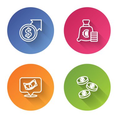 Finansal büyüme ve dolar, Euro sembollü madeni para, kağıt para yığını ve. Renkli daire düğmesi. Vektör.