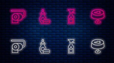 Bulaşık deterjanı, temizlik spreyi, tuvalet kağıdı rulosu ve masa örtüsündeki leke. Tuğla duvarda parlayan neon simgesi. Vektör.