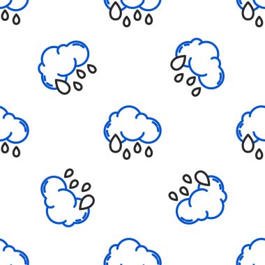 Yağmur ikonuna sahip çizgi bulutu beyaz arka planda izole edilmiş pürüzsüz desen. Yağmur damlaları ile yağmur bulutu yağışı. Renkli taslak konsepti. Vektör.