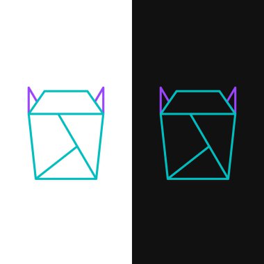 Çin Lokantası 'nın açtığı paket kutusu, siyah ve beyaz arka planda izole edilmiş bir ikon. Yemeği götür. Renkli taslak konsepti. Vektör.